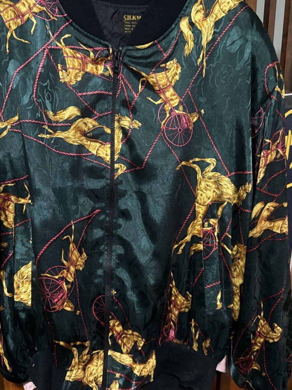 Vtg Silkmill Bomber Jacket Equestrian Horse print Quilted Lined Womens size 10